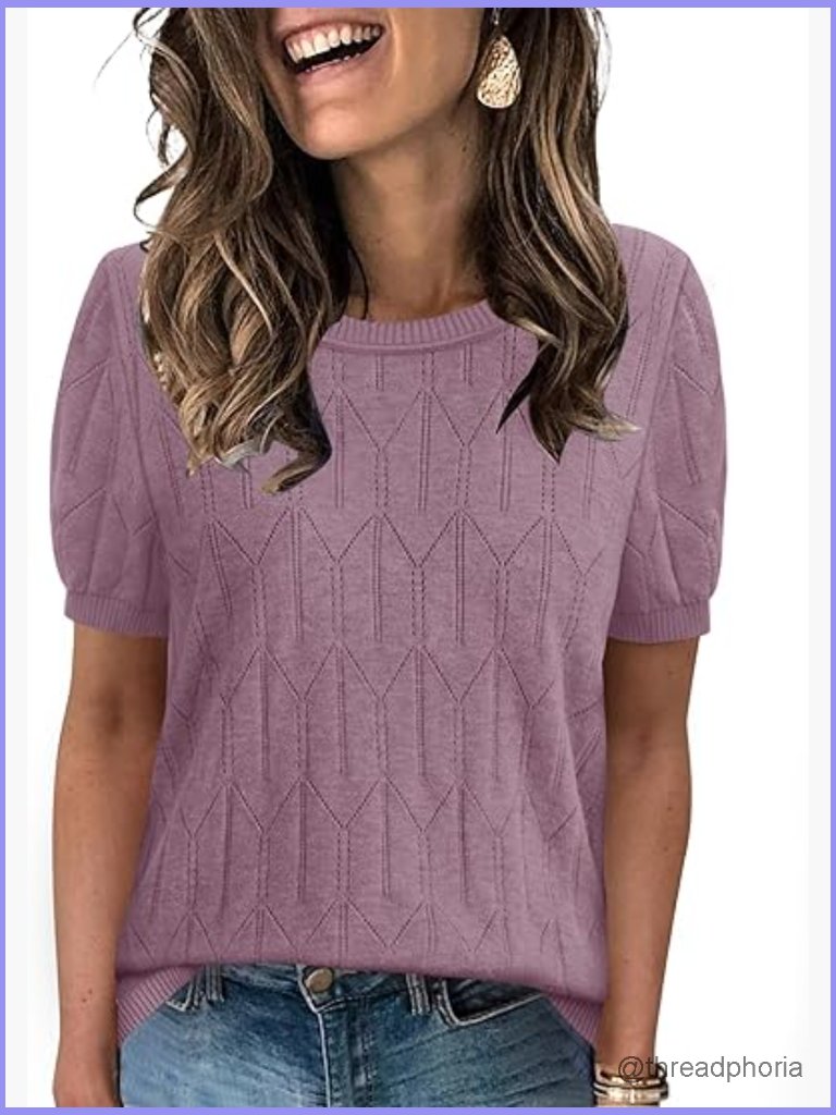 Short Sleeve Knit Pullover Sweater, Lightweight Crew Neck Top